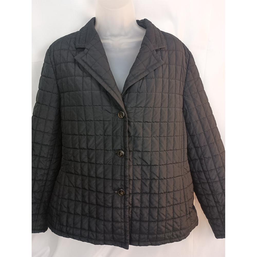 Talbots petites black button up quilted jacket outdoors work business 16